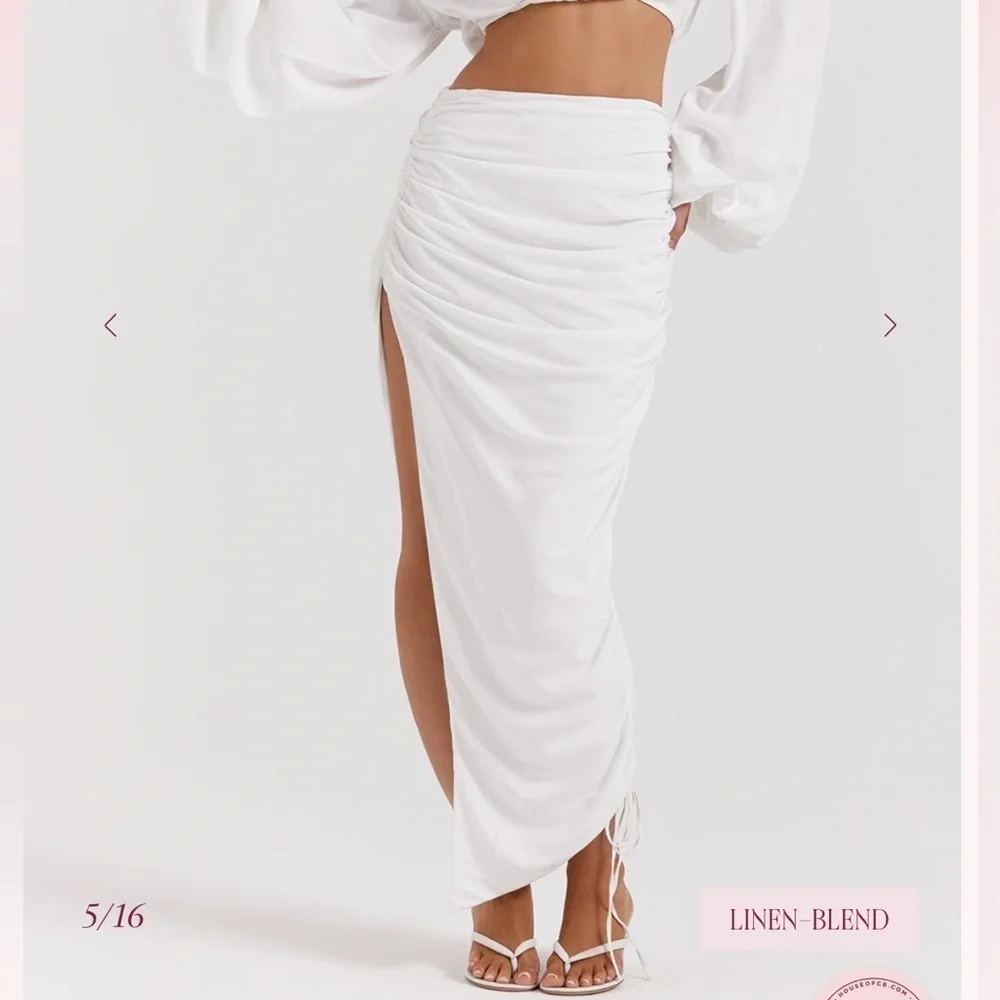 New House of CB Loie Gathered Maxi Skirt White Linen Blend Ruched Slit Sz XS